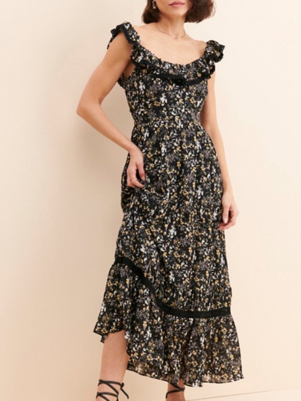 Anthropologie Free the Roses Floral Ruffle Midi Dress in Black